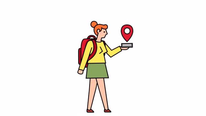 线性风格平棒图象形彩色女角色带背包旅行全球定位系统导航器动画Luma哑光