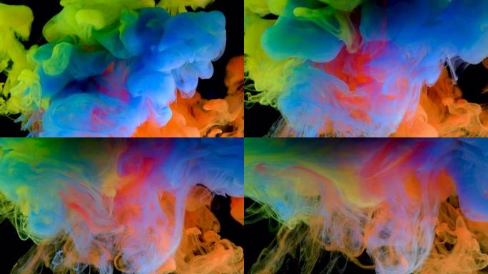 4K，彩色油漆滴在水中混合，抽象颜色在水中慢动作混合，墨色滴落在水上，4k素材，
