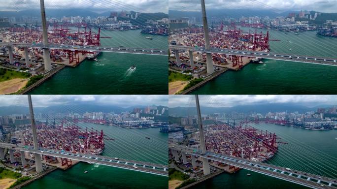 鸟瞰图hyper lapse大型集装箱货运货船运输和离开中国香港海港。