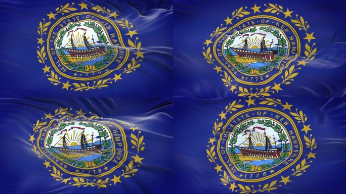 美国新罕布什尔州国旗迎风飘扬，织物质地细腻。无缝循环