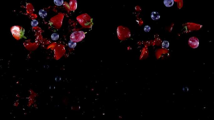 各种水果在黑色背景上飞舞，果汁飞溅