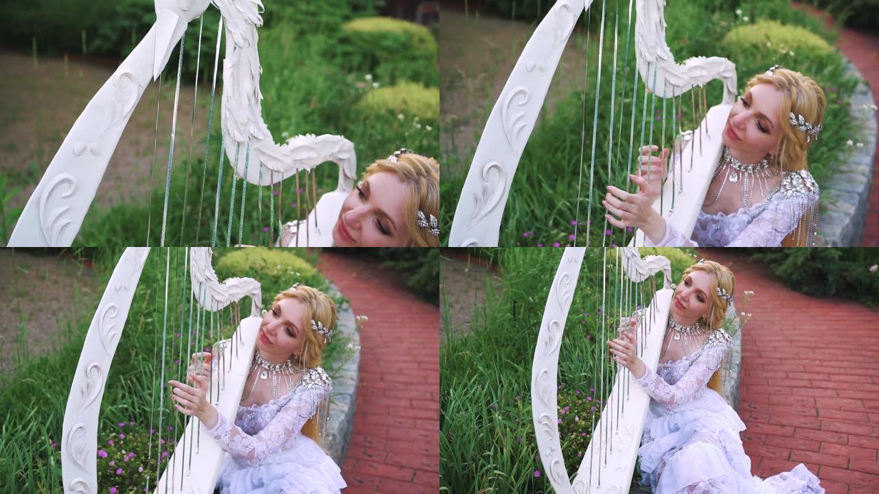 穿着白色创意蕾丝复古连衣裙的迷人金发女人演奏竖琴。