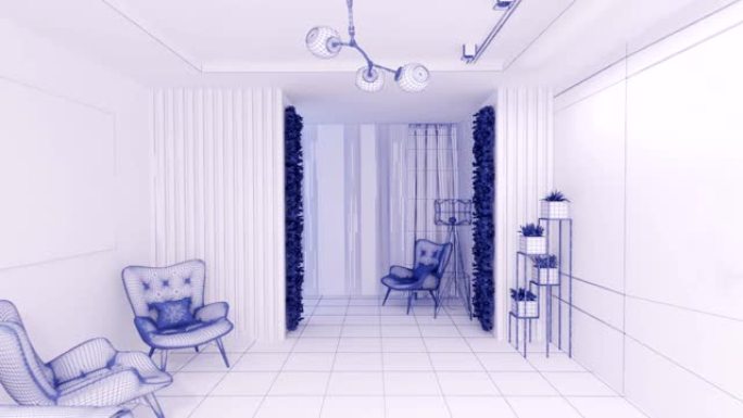 网格渲染3D图形室内设计客厅模糊阁楼