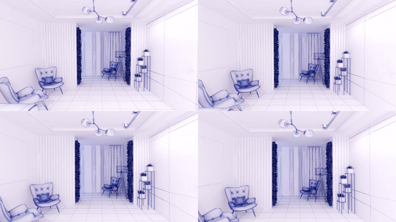 网格渲染3D图形室内设计客厅模糊阁楼