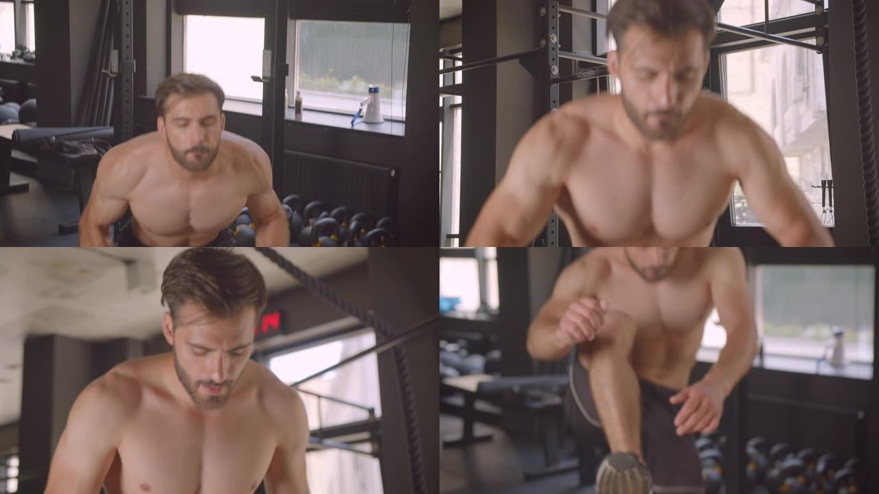 特写镜头直拍成年赤膊肌肉发达的高加索男子在室内健身房的盒子上跳跃