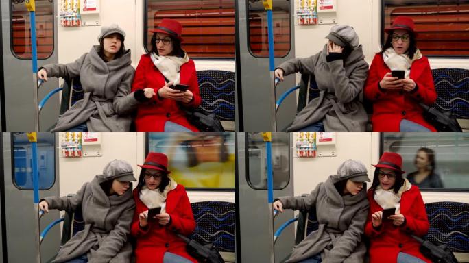 地铁上的母女欧美时尚一起出行车厢乘坐