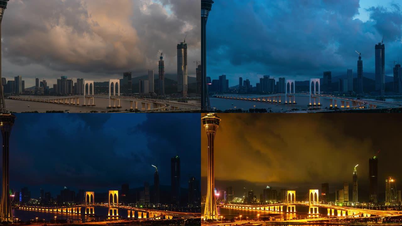 澳门旅游塔和澳门大桥的市容日夜时光流逝中国澳门西湾大桥