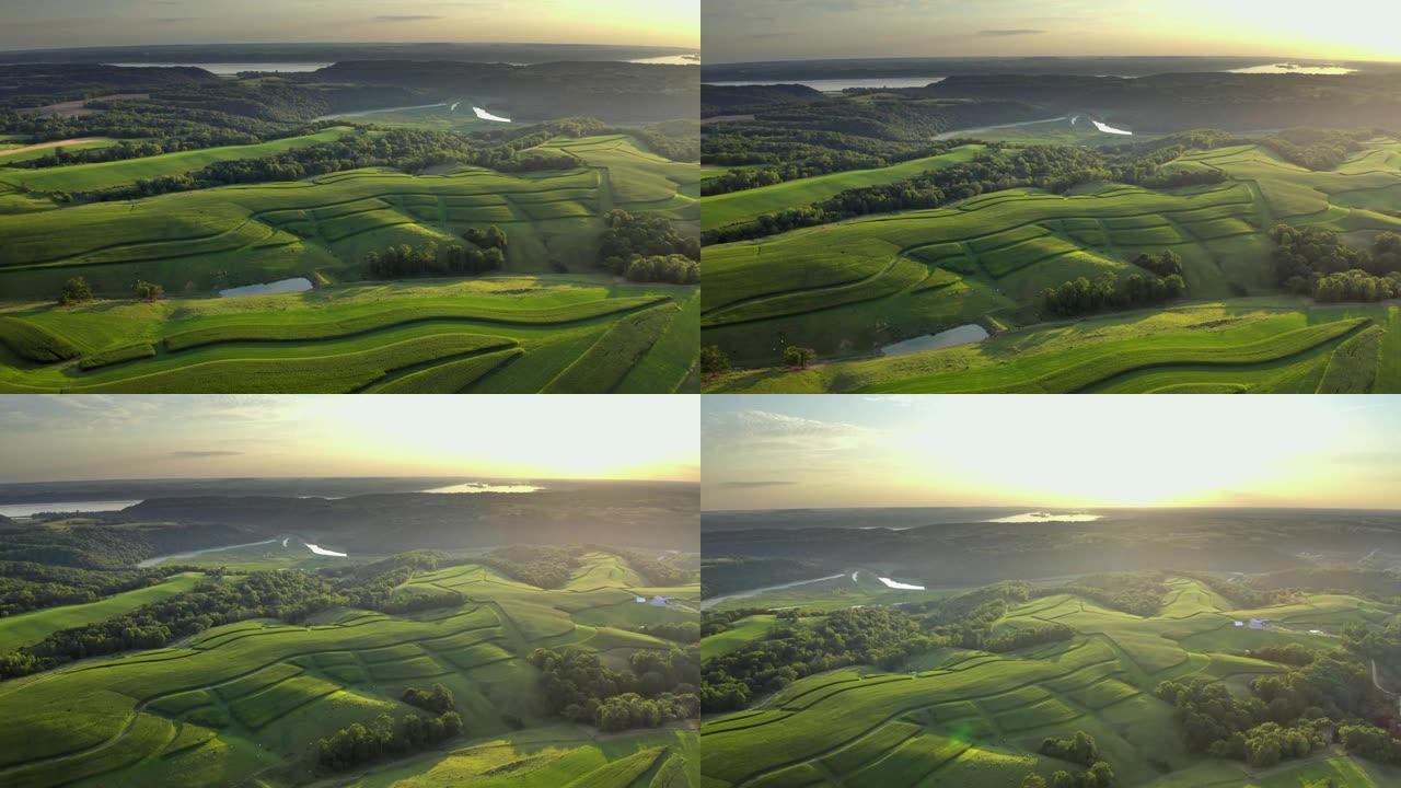 美丽的农场景观乡村空中无人机在日落时拍摄