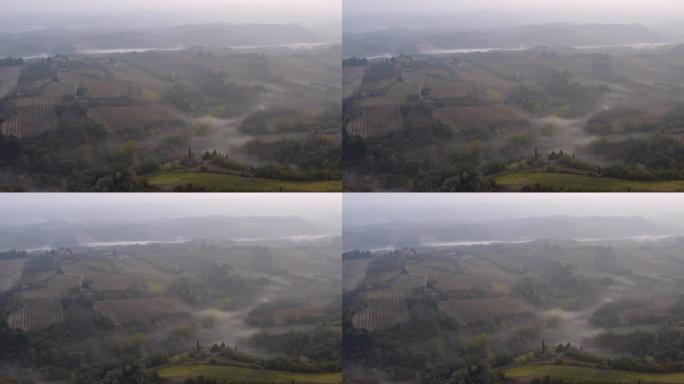 意大利。托斯卡纳。阳光明媚的清晨。田野，农舍和葡萄园上的浓雾