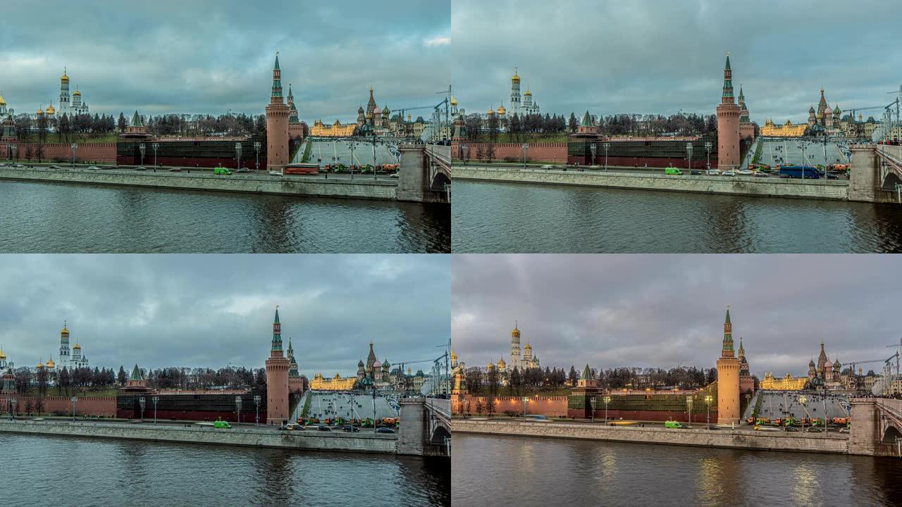 2020年1月，俄罗斯莫斯科，莫斯科河，傍晚时分，4k，美丽的傍晚城市景观。