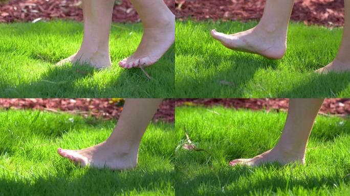 女子赤脚行走在绿色草地上4k慢动作60fps