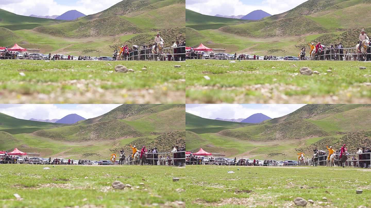 航拍赛马场 甘南草原 藏族赛马比赛活动