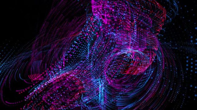 数字粒子波，抽象的蓝色和紫色霓虹灯背景。网络空间中的数字景观。黑暗屏幕上的能量流动。