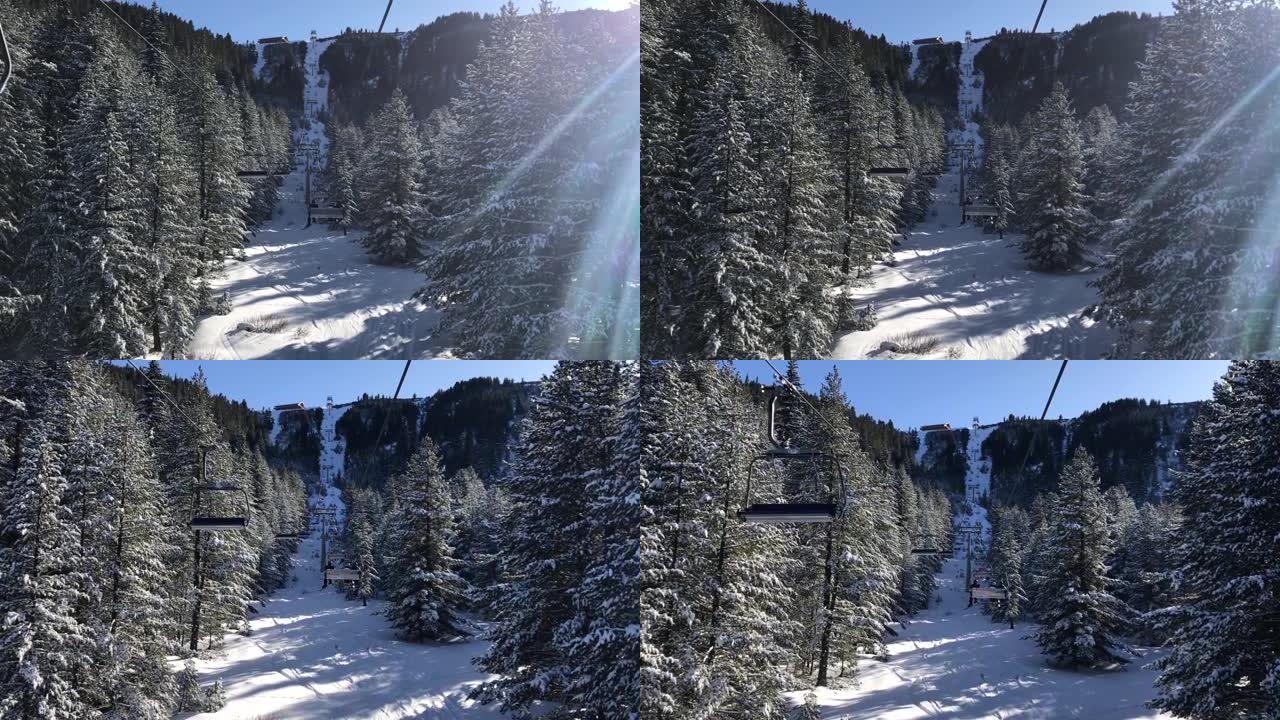 旅行把白雪皑皑的针叶林扔在升降椅上。背光镜头。