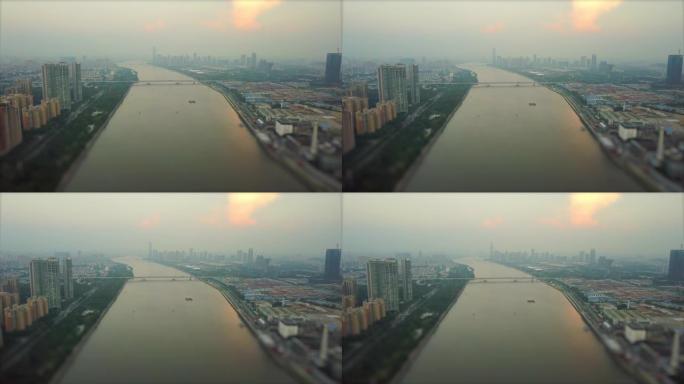 日落天空云广州城市景观珠江工业空中全景倾斜-shift 4k中国