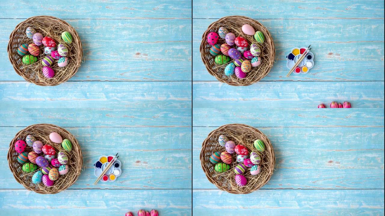 篮子里的复活节彩蛋，彩板和花定格动画。