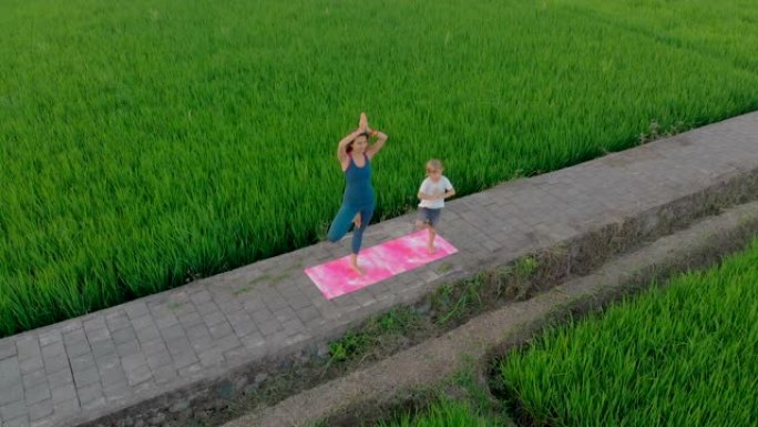 一位年轻女子瑜伽教练在日落时分在美丽的大稻田上教小男孩的空中镜头。亚洲旅游概念