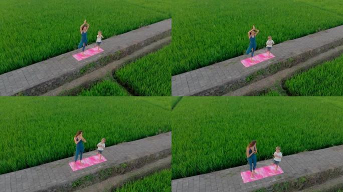 一位年轻女子瑜伽教练在日落时分在美丽的大稻田上教小男孩的空中镜头。亚洲旅游概念