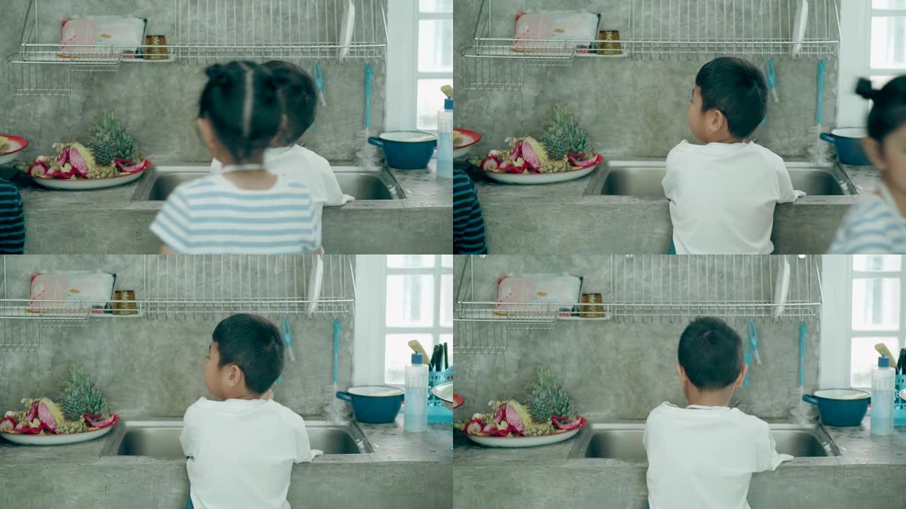 泰国男孩在水槽处清洁手