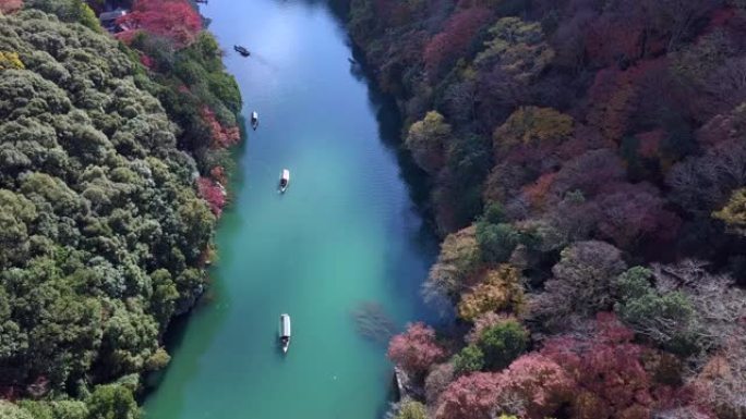 五颜六色的岚山河鸟瞰图，水中的旅游船和秋天的森林，秋天的桂川和船，岚山，京都，日本。