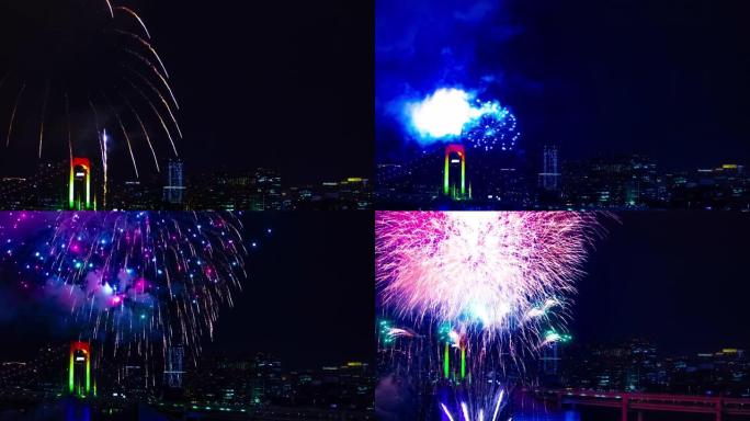 东京市区彩虹桥附近的烟花夜景拍摄