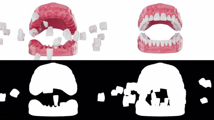 近距离慢动作在嘴里爆炸牙齿。选择性聚焦。3D动画。4K
