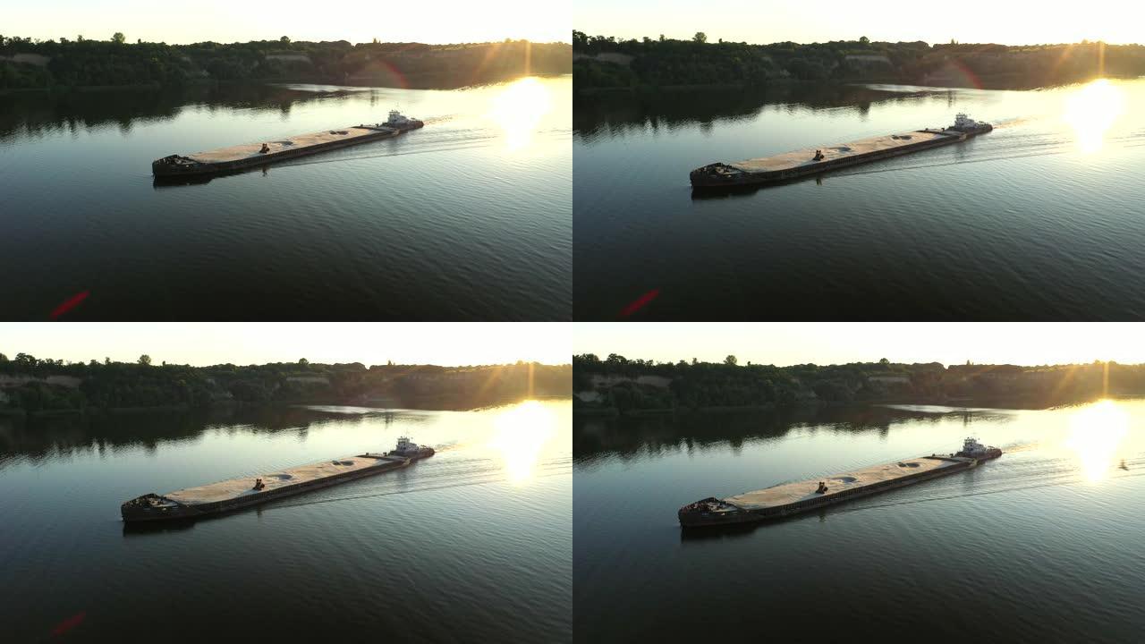 在中欧夏季河中部，航空视频河推船用干货运输驳船