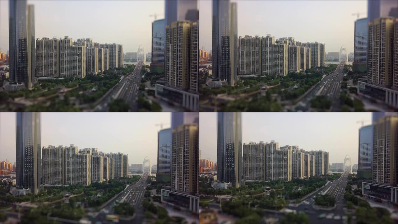 日落时间广州市景交通猎德桥空中全景倾斜-换挡4k中国