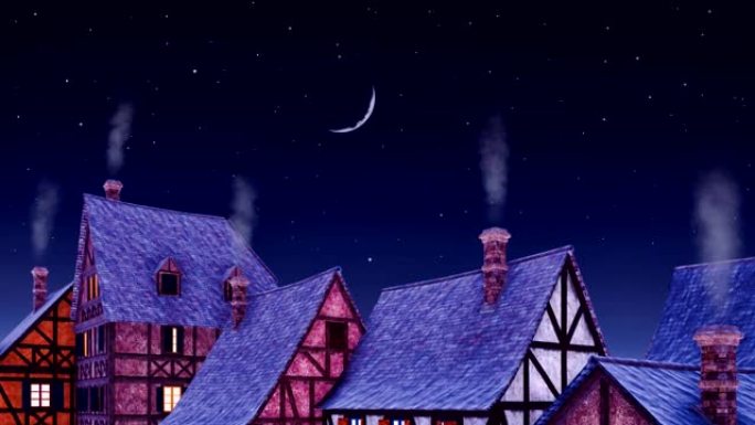 平静的夜晚，烟囱冒烟的农村房屋屋顶