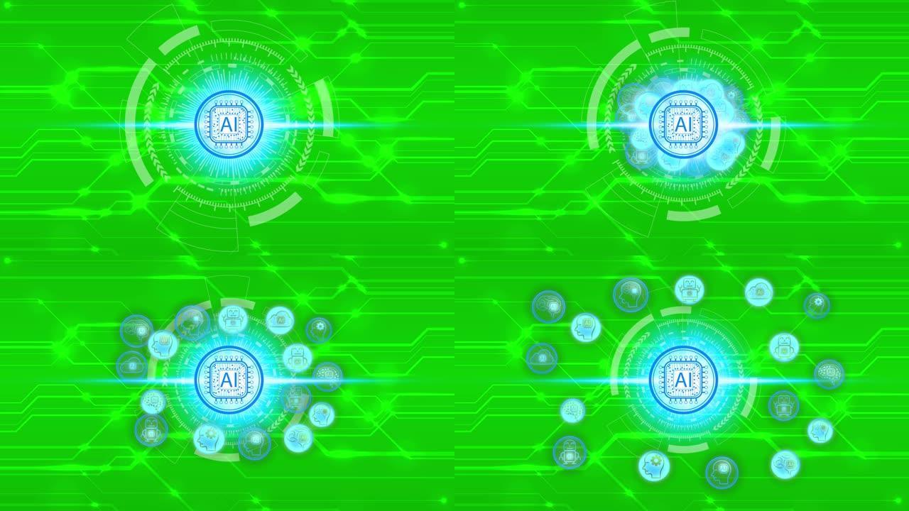 动画手触摸人工智能 (AI) 技术图标通过网络连接在绿屏背景上，人工智能技术概念