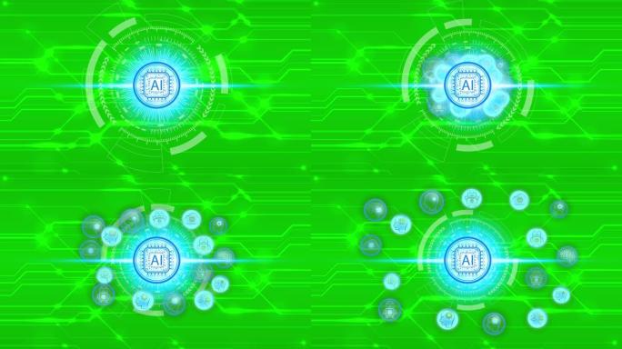 动画手触摸人工智能 (AI) 技术图标通过网络连接在绿屏背景上，人工智能技术概念