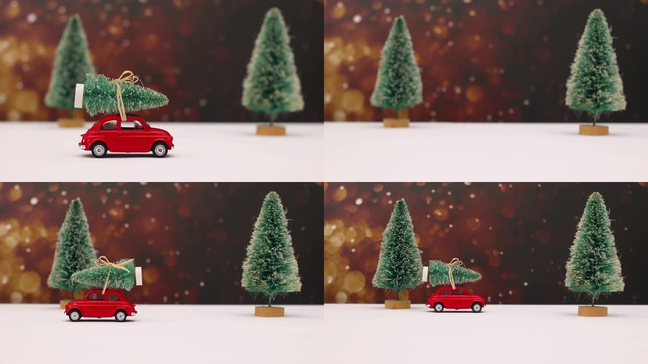 可爱的红色汽车在rood圣诞树上行驶 -- 停止运动