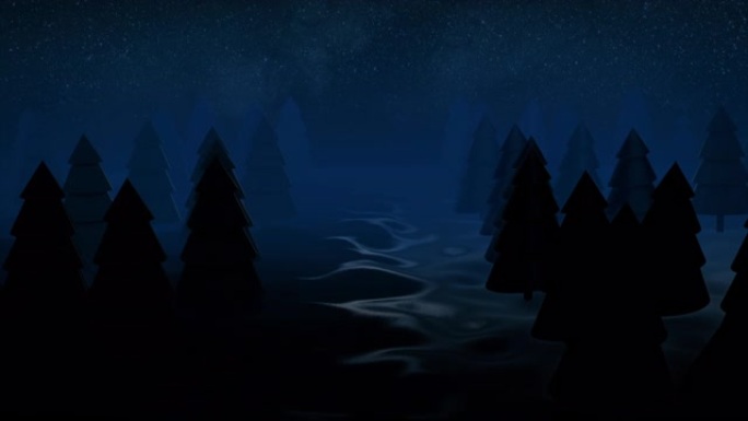 在夜空和数十亿颗闪亮的星星上出现针叶树的黑暗sillougettes的抽象动画。动画。美丽多彩的抽象