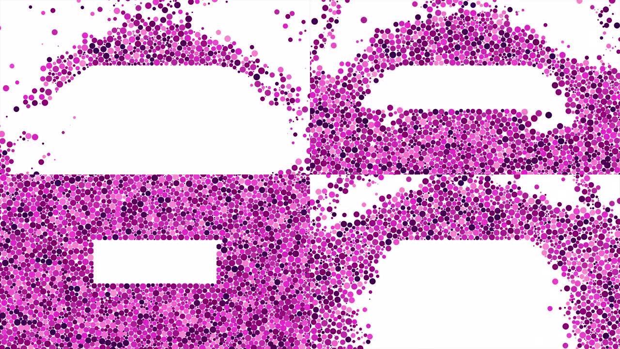 许多粉红色和紫色的小球掉下来，聚集在白色矩形周围。动画。美丽的圆形气泡落在白色背景上