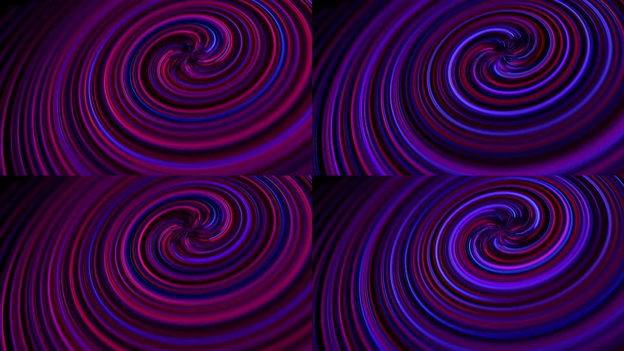 螺旋旋转的发光霓虹灯、发光圆圈、激光和线条的抽象技术动画。节日和社交网络海报的背景紫红色颜色