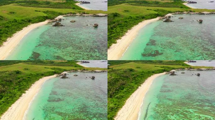 带有白色沙滩的泻湖。热带岛屿空中无人机