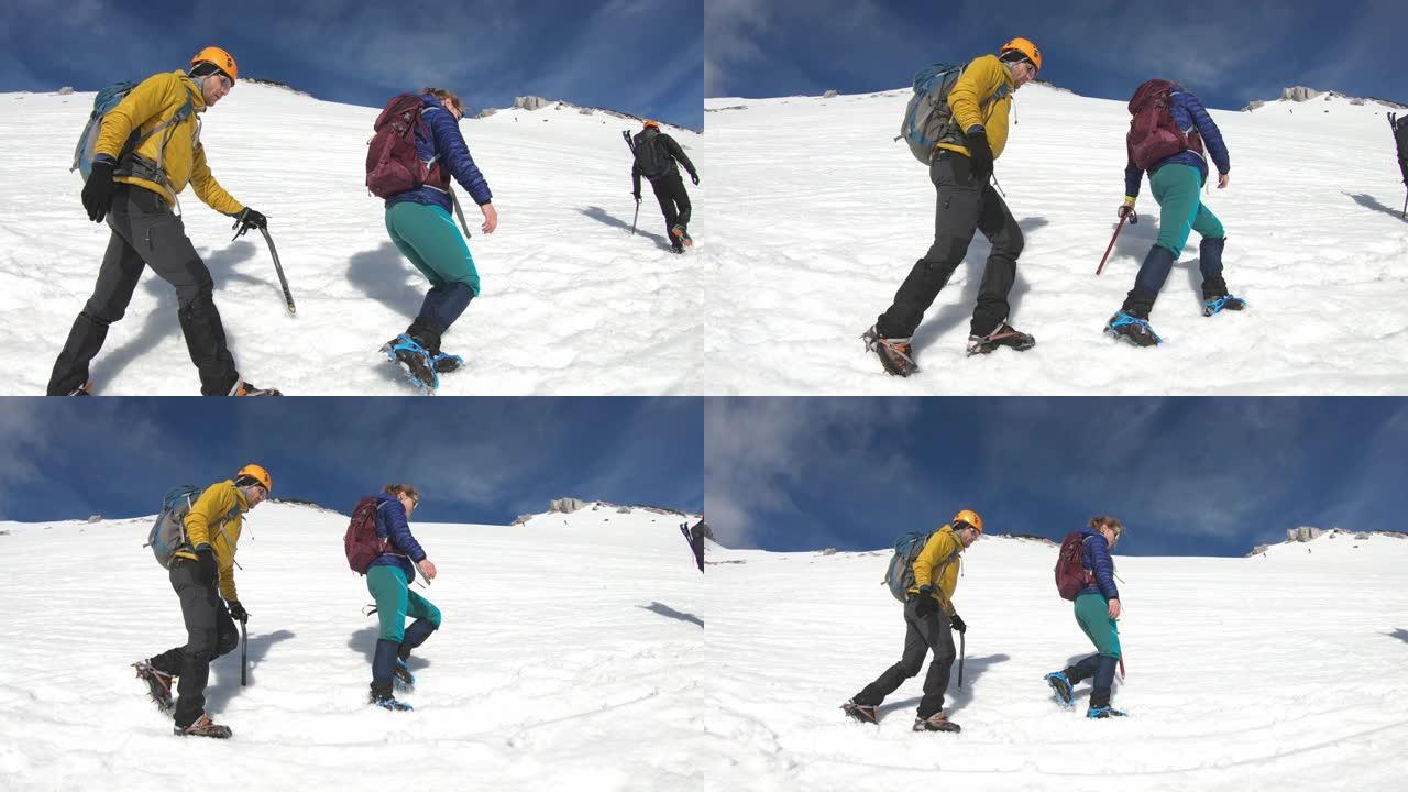 登山者在雪地上行走的慢动作镜头