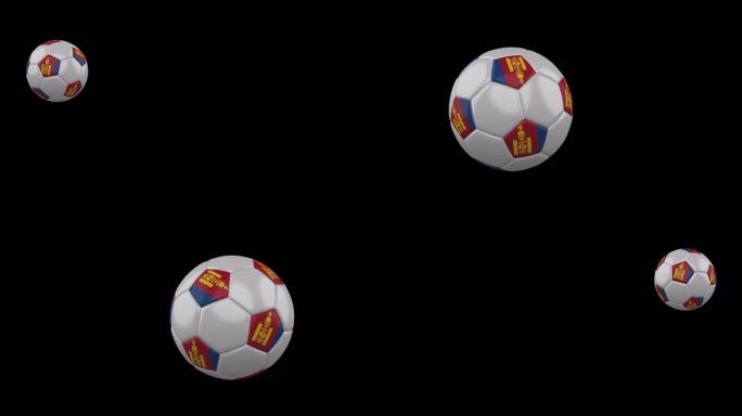 蒙古国旗上的足球在透明的背景下飞行，阿尔法频道