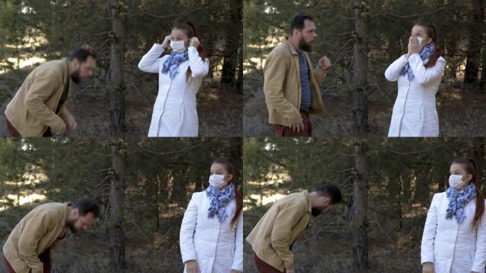 一个男人对一个女人咳嗽，一个女人害怕并戴上医用口罩，免受疾病和冠状病毒，有趣的视频