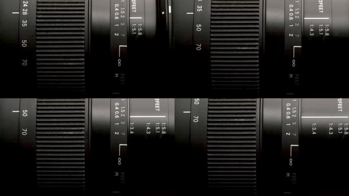 现代相机镜头的特写镜头，变焦环在浅景深中的转动