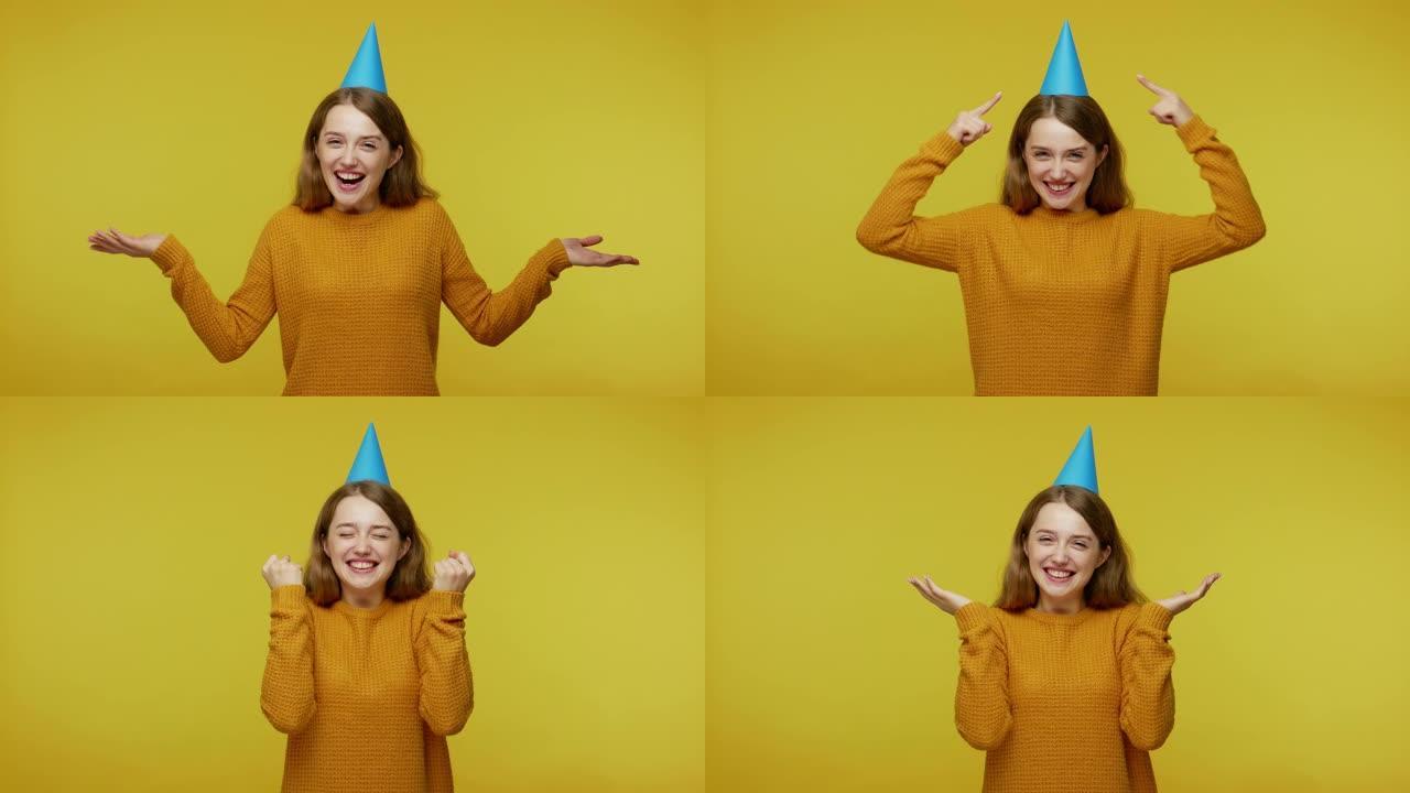 Excited joyful girl in pullover pointing at funny 