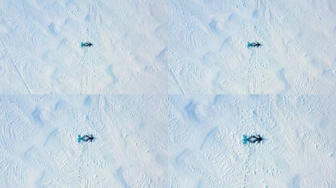 一家人在森林的空地上做一个雪天使的身影。一个女孩和一个男孩躺在雪地上的航拍。