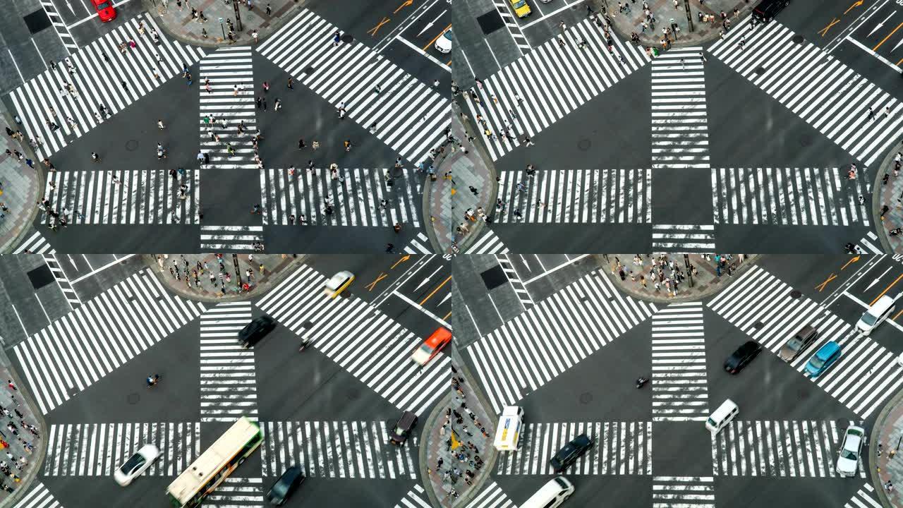 日本东京的Timelapse-银座路与人群和汽车的交叉路口