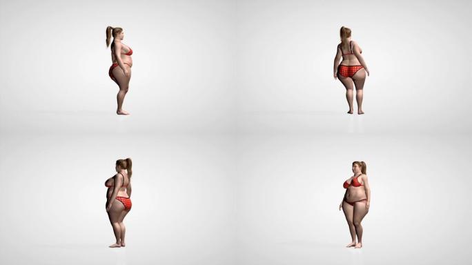 胖女人摆姿势，摄像头无缝循环旋转，白色工作室
