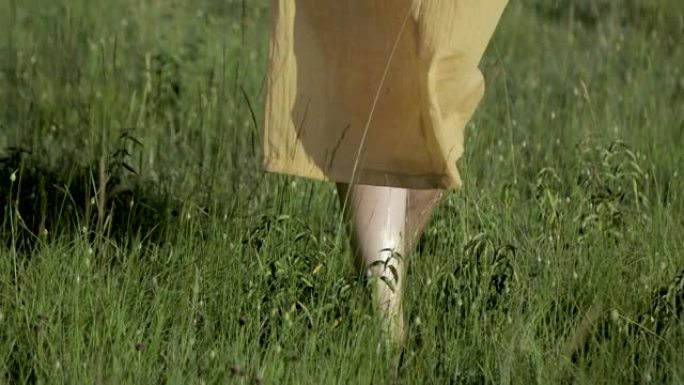 女子腿特写女孩走在草地上吹风