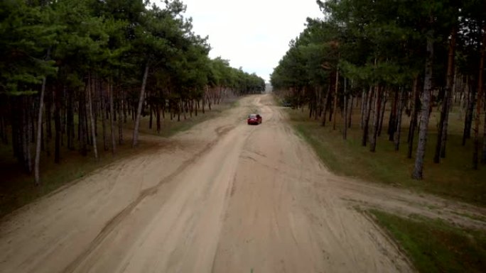 在休息和野餐期间，空中俯视图跟踪红色汽车路线在灰色汽车旁边的树林之间的场景