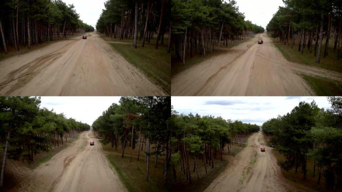 在休息和野餐期间，空中俯视图跟踪红色汽车路线在灰色汽车旁边的树林之间的场景