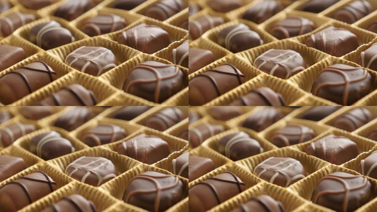 什锦巧克力盒美味甜点背景慢倾斜4K