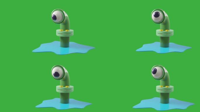 卡通怪物病毒在光滑绿色的下水道管道中，用一只眼睛看起来，就像在潜艇的望远镜中一样。一滩蓝色的水在管道