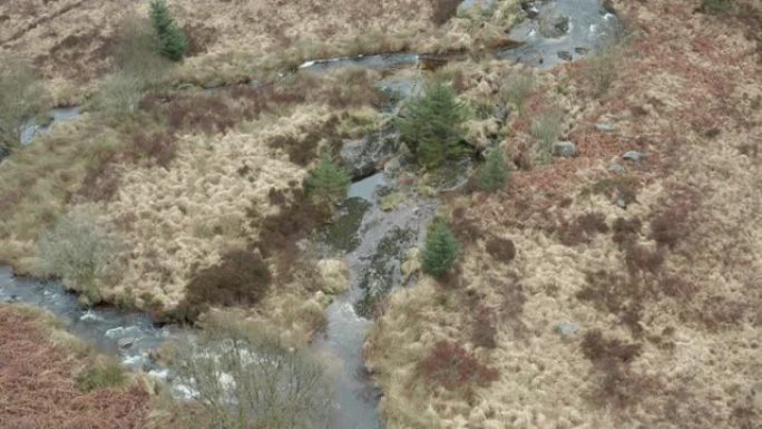 穿越苏格兰乡村未开垦地区的一条小河的鸟瞰图